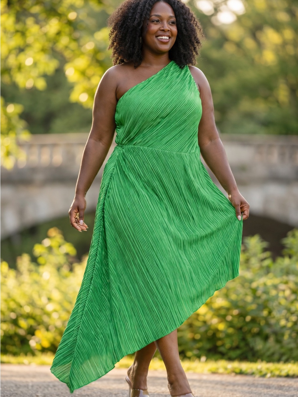 NWT Plus Size One-Shoulder Green Pleated Asymmetrical Dress